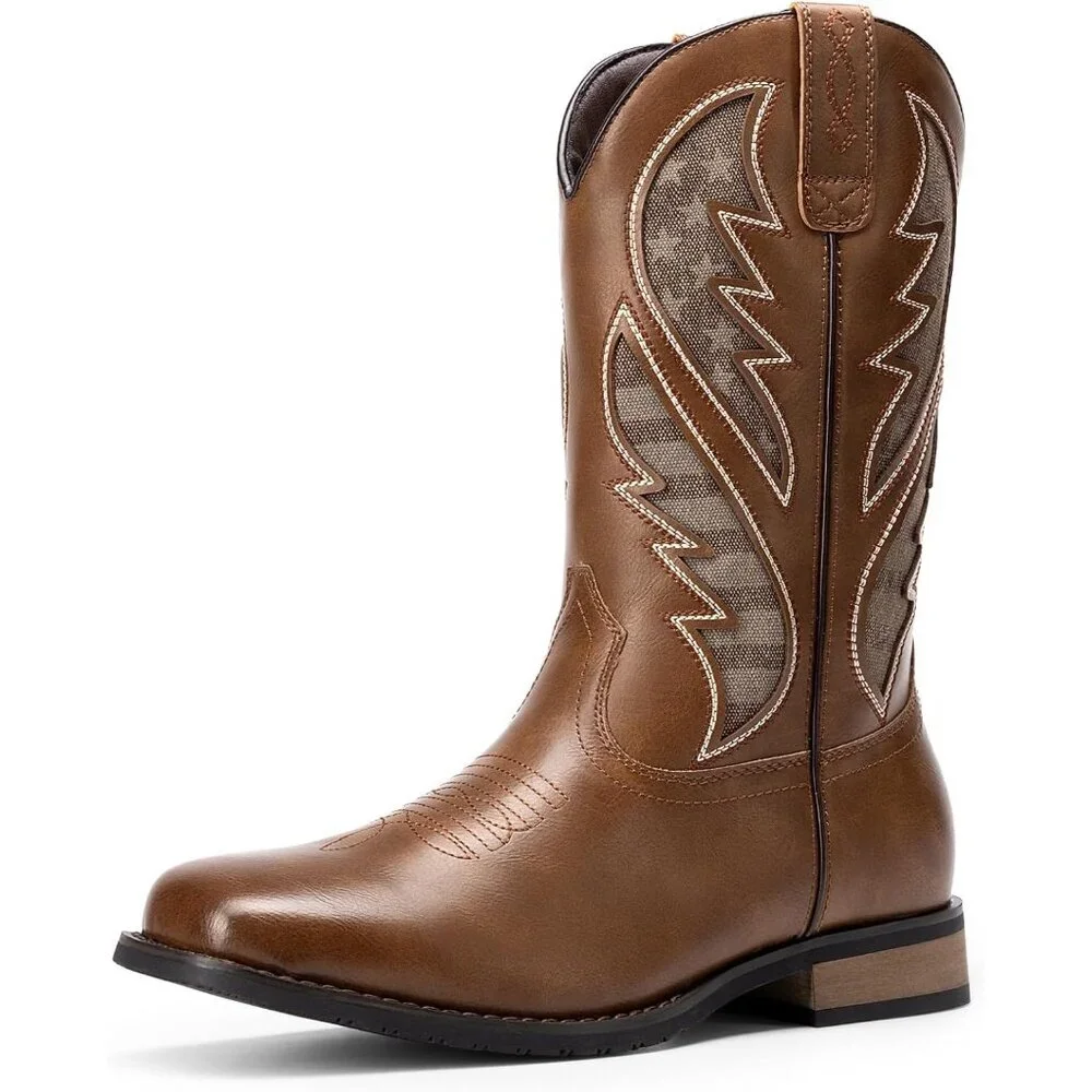 Men's Brown Durable Cowboy Classic Slip On Western Boots With Chic Embroidered